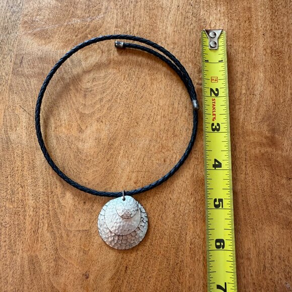 Black Choker with Hammered Silver Circles Necklace - Picture 3 of 5